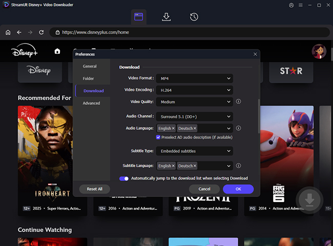 adjust disney plus download settings