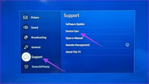 click device care on samsung tv to clear cache