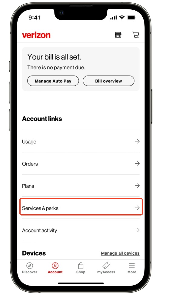 select services and perk in verizon app