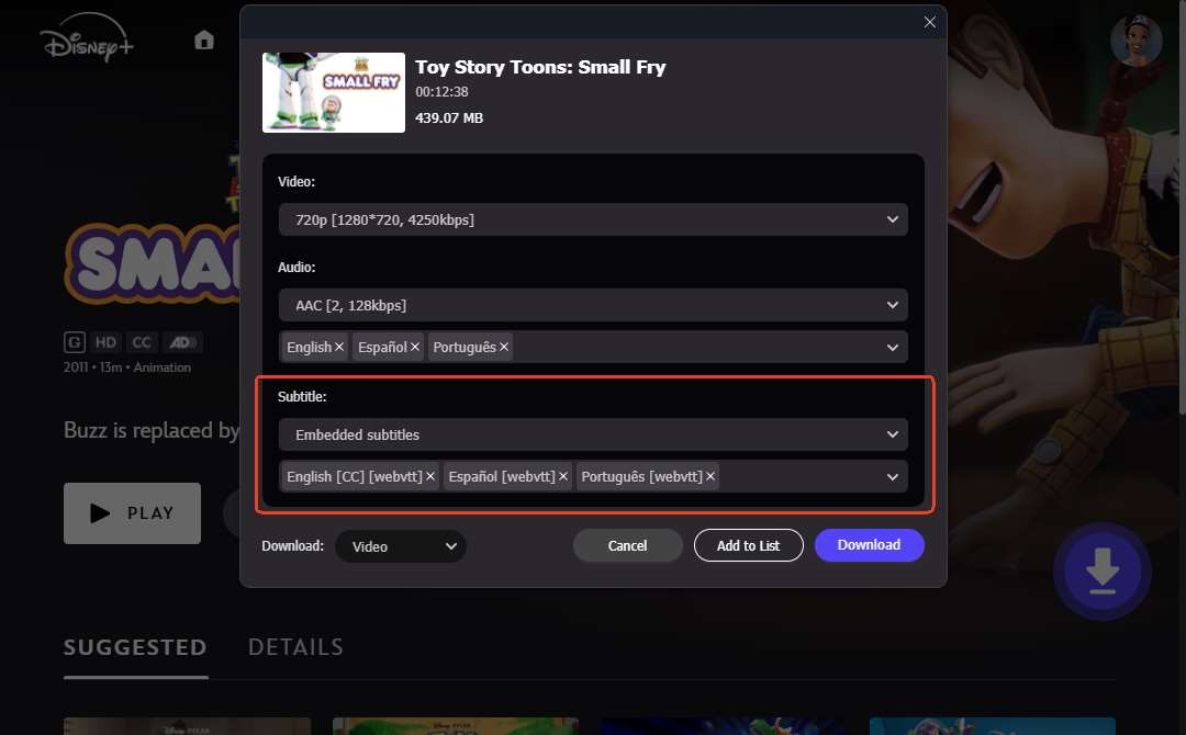 subtitle options in streamult disney plus video downloader