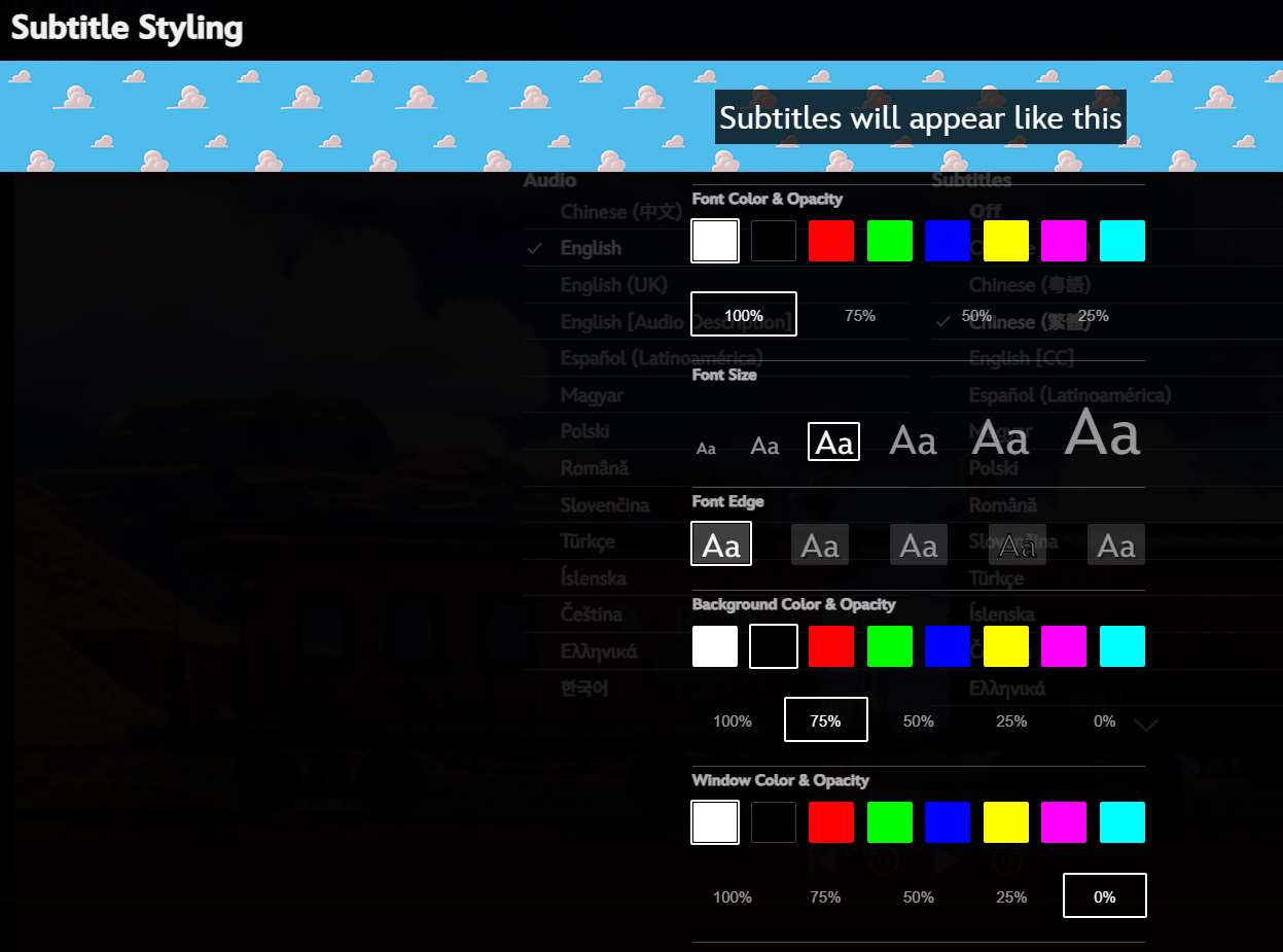 subtitle styling interface of disney plus