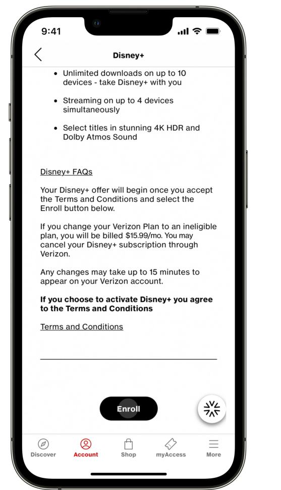 tap enroll in verizon app for disney plus