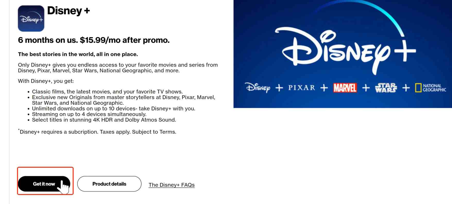 tap get it now button to get verizon disney plus perk